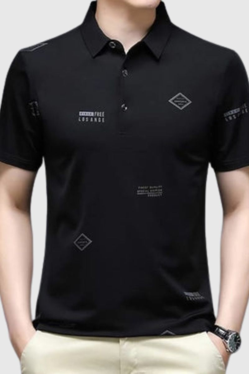 Attitude Half Sleeves Polo Black Printed T-Shirt