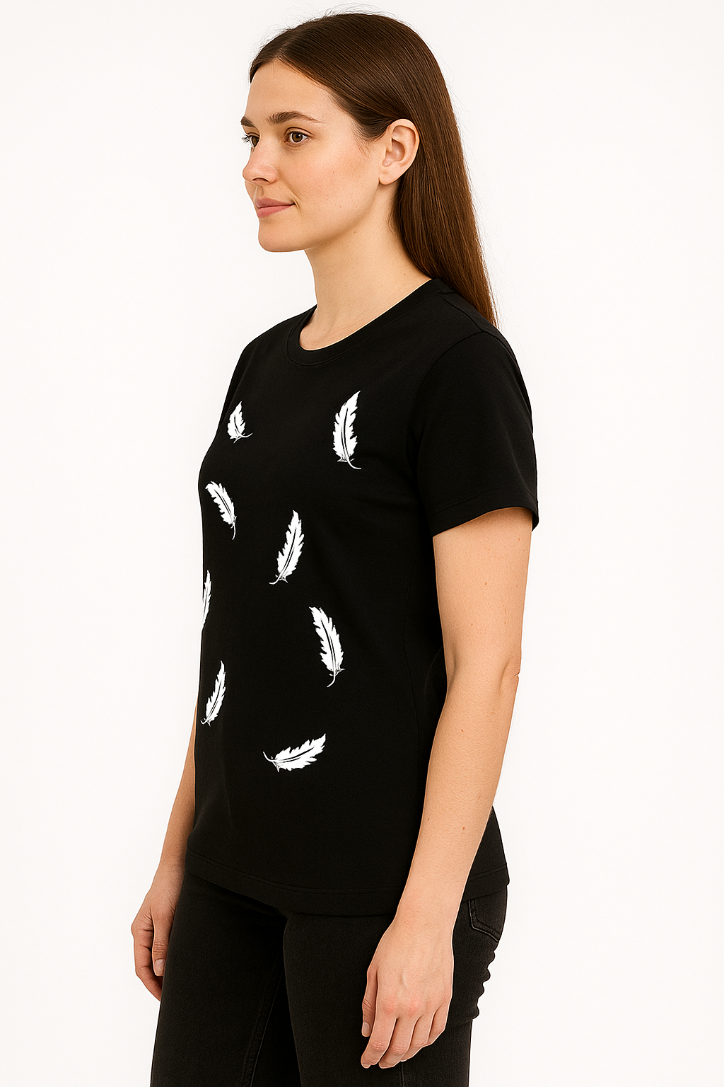 Attitude Start Of Fashion Women’s Black Feather Print T-Shirt | Minimal White Feather Graphic Tee for Casual Wear