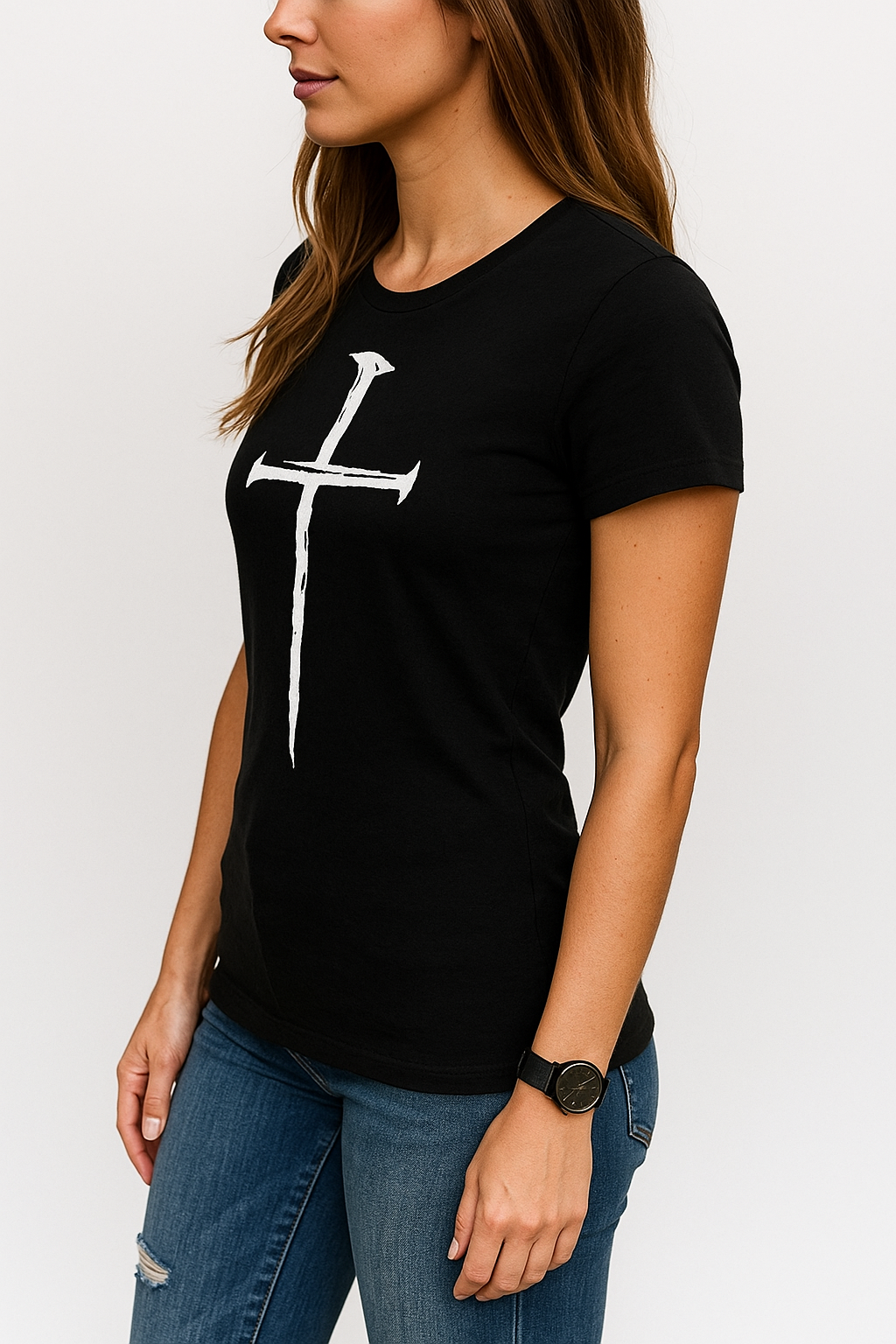 Attitude Start Of Fashion Women’s Black Printed Cross T-Shirt – Soft Cotton Casual Tee