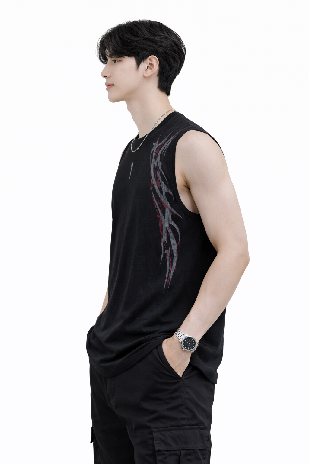Attitude Start of Fashion Men’s Black Sleeveless T-Shirt with Side Graphic Print