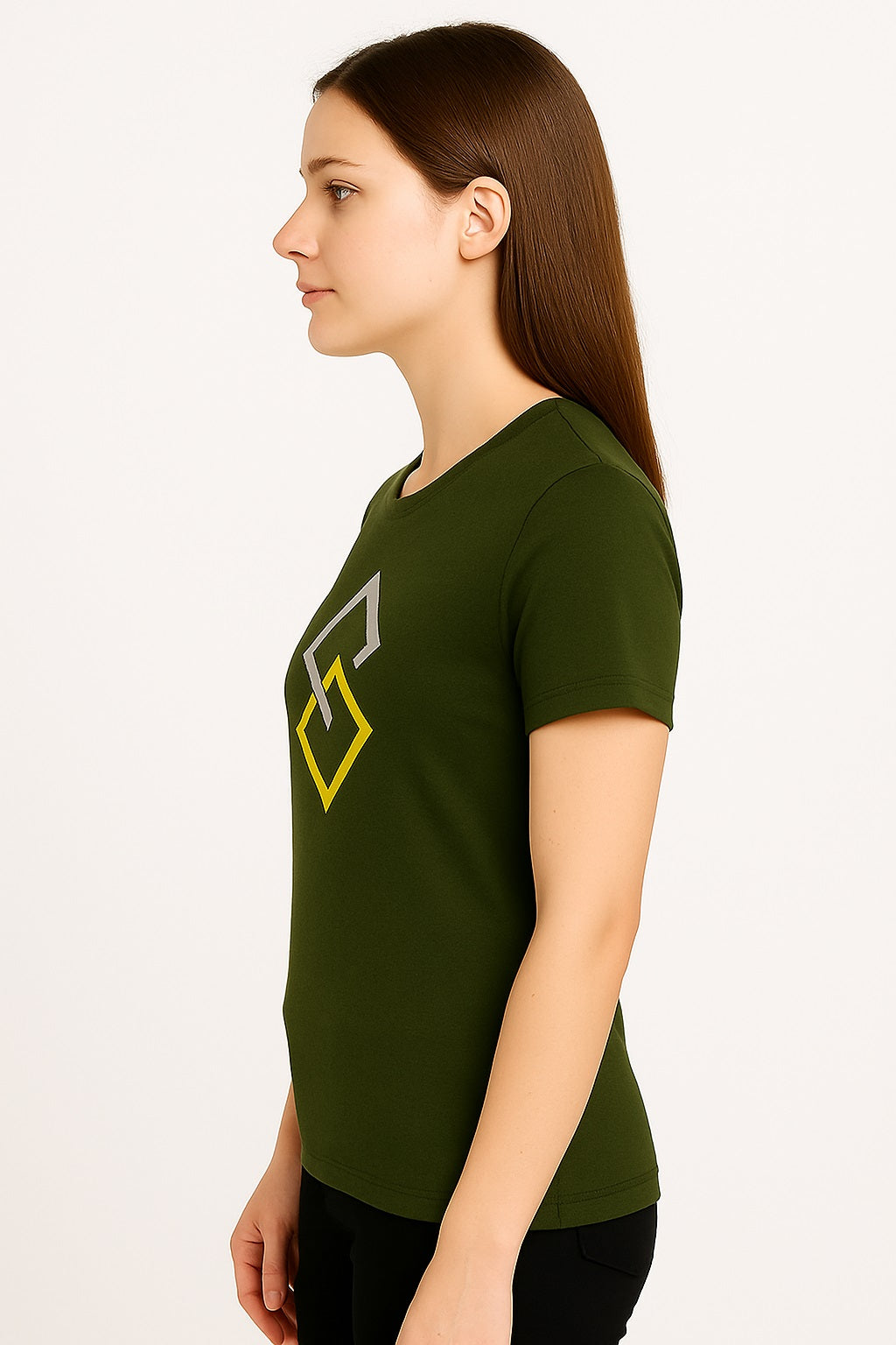 Attitude Start Of Fashion Olive Green Geometric Print Women’s T-Shirt – Minimalist Casual Tee