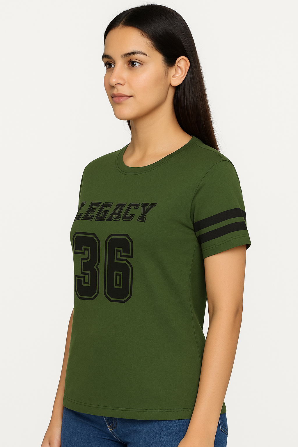Attitude Start Of Fashion women’s Olive “LEGACY 36” chest printed T-shirt