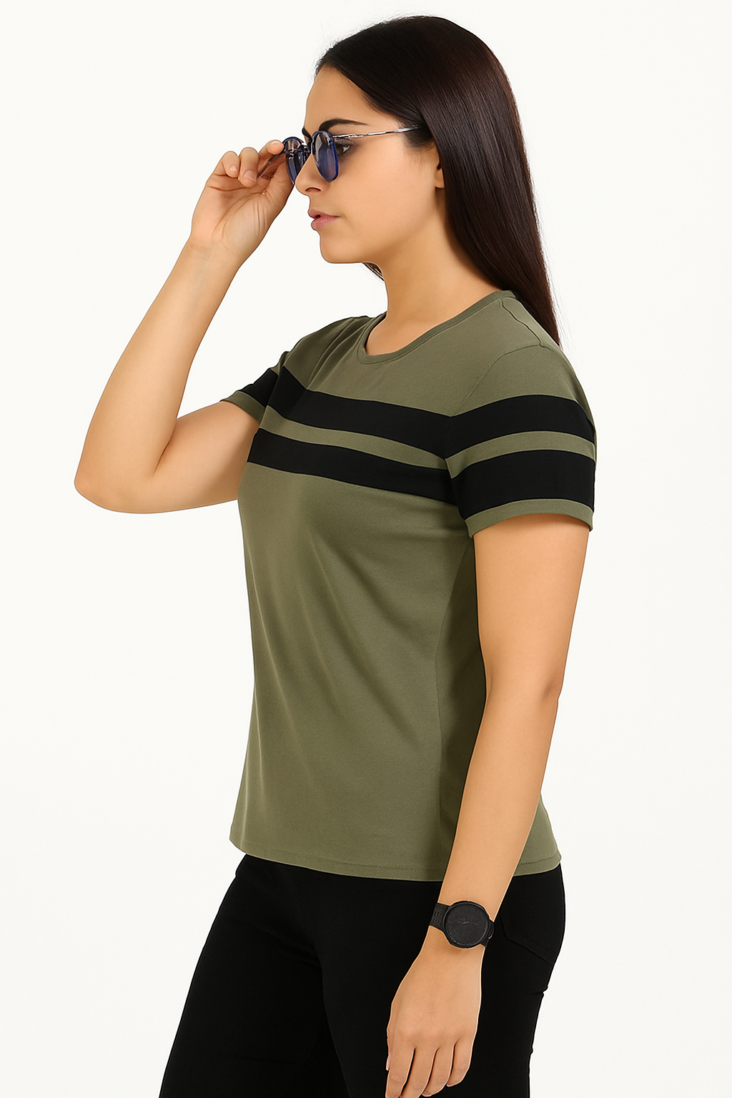 Attitude Start Of Fashion Women’s Olive Green Striped Cotton T-Shirt – Casual Regular Fit Tee