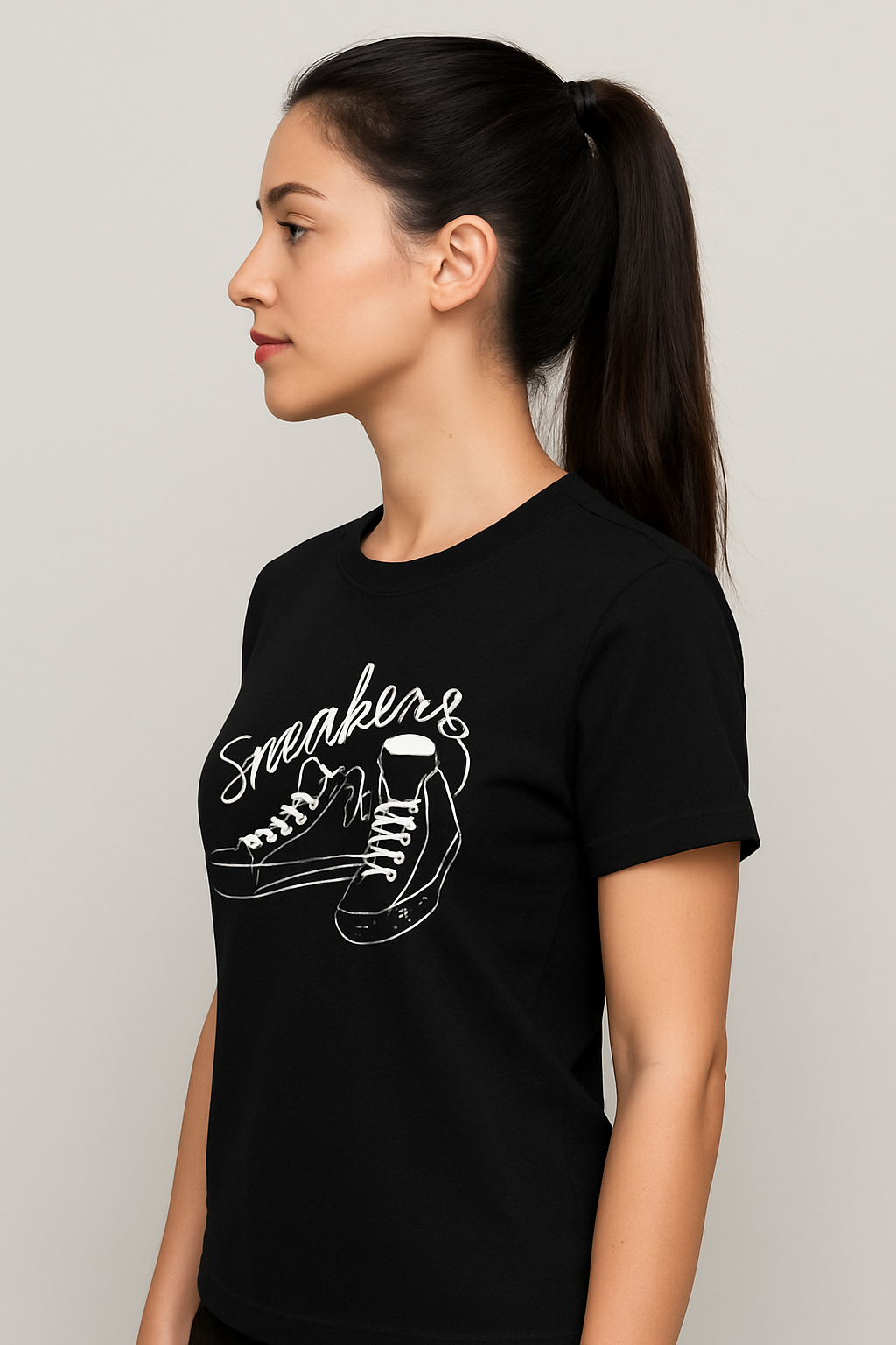 Attitude Start Of Fashion Women’s Black Sneakers Graphic T-Shirt – Minimal Line Art Casual Cotton Tee