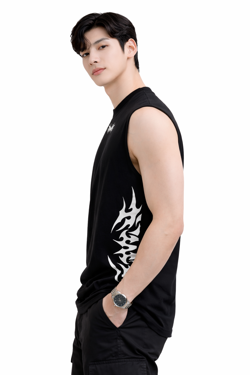 Attitude Start of Fashion Men’s Black Sleeveless Streetwear T-Shirt with Tribal Side Print