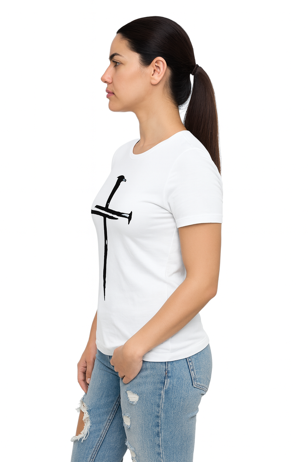 Attitude Start Of Fashion Women white sword printed T-shirt