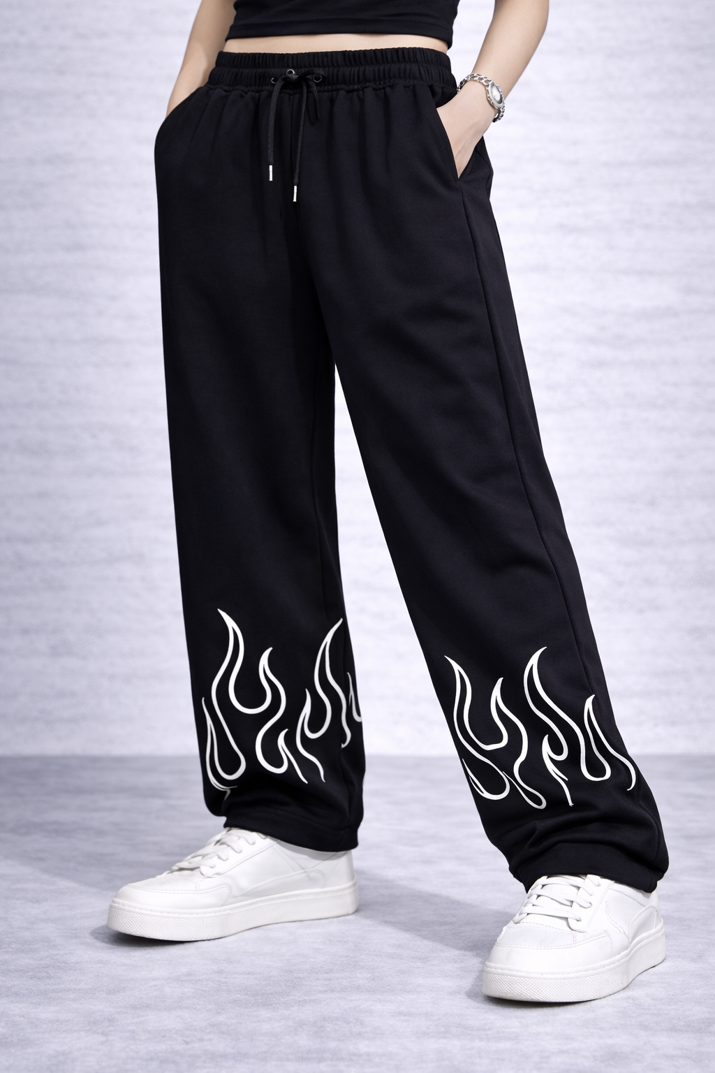 Attitude Start Of Fashion Women Black Flame Print Loose Fit Baggy Pants