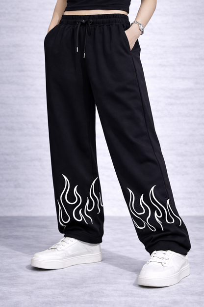 Attitude Start Of Fashion Women Black Flame Print Loose Fit Baggy Pants