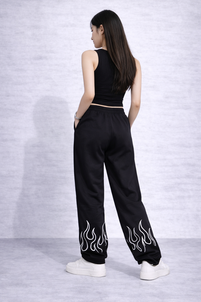 Attitude Start Of Fashion Women Black Flame Print Loose Fit Baggy Pants