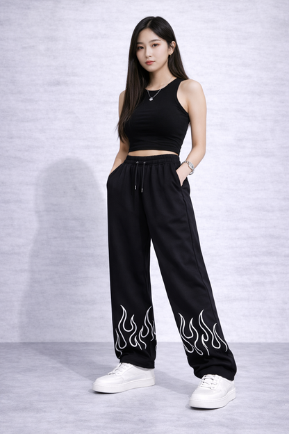 Attitude Start Of Fashion Women Black Flame Print Loose Fit Baggy Pants