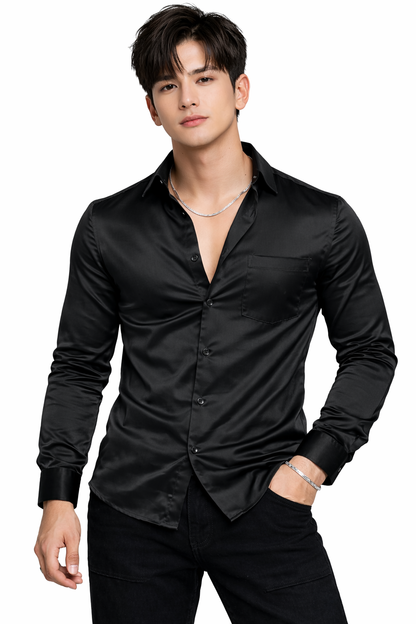 Attitude Start of Fashion Men’s Premium Black Satin Slim Fit Shirt – Full Sleeve Party Wear