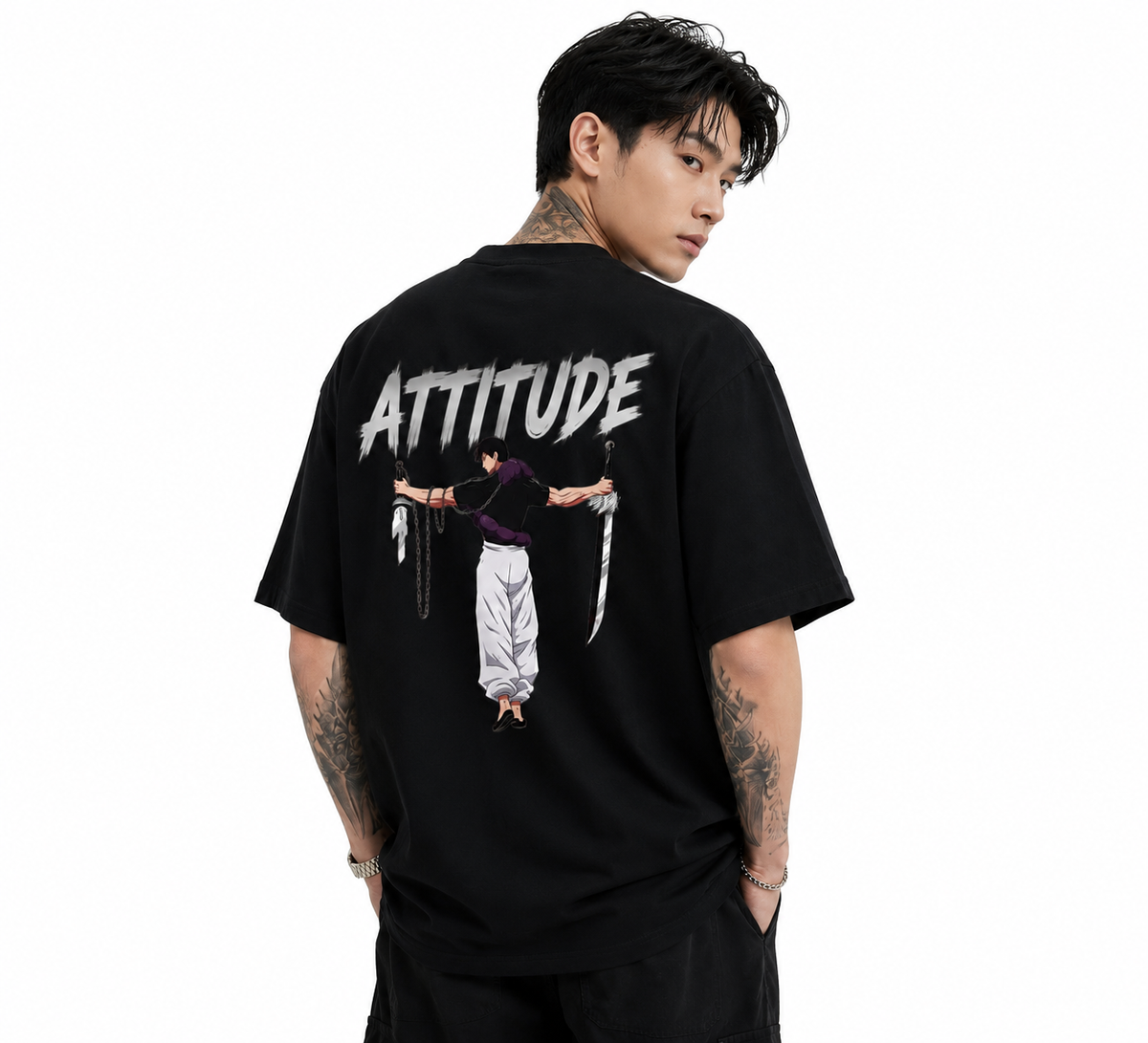 Attitude Oversized Anime Graphic T-Shirt for Men | Cotton Printed Tee Japanese Streetwear Style