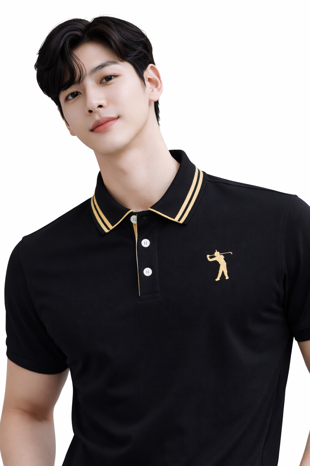 Attitude Start of Fashion Men’s Premium Black Polo T-Shirt with Gold Collar Stripe & Golfer Logo