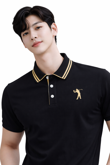Attitude Start of Fashion Men’s Premium Black Polo T-Shirt with Gold Collar Stripe & Golfer Logo