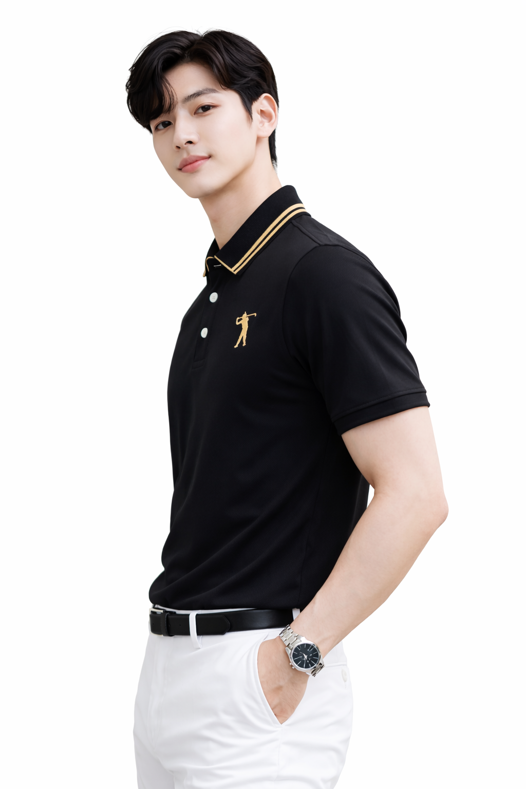 Attitude Start of Fashion Men’s Premium Black Polo T-Shirt with Gold Collar Stripe & Golfer Logo