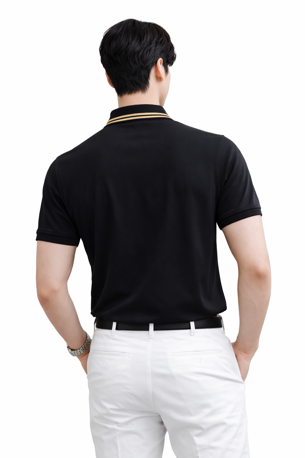 Attitude Start of Fashion Men’s Premium Black Polo T-Shirt with Gold Collar Stripe & Golfer Logo
