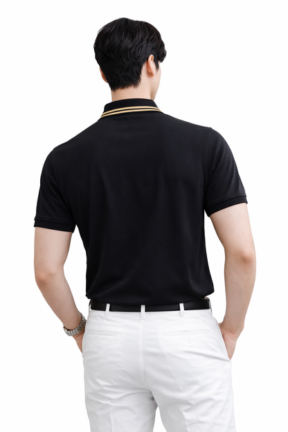 Attitude Start of Fashion Men’s Premium Black Polo T-Shirt with Gold Collar Stripe & Golfer Logo