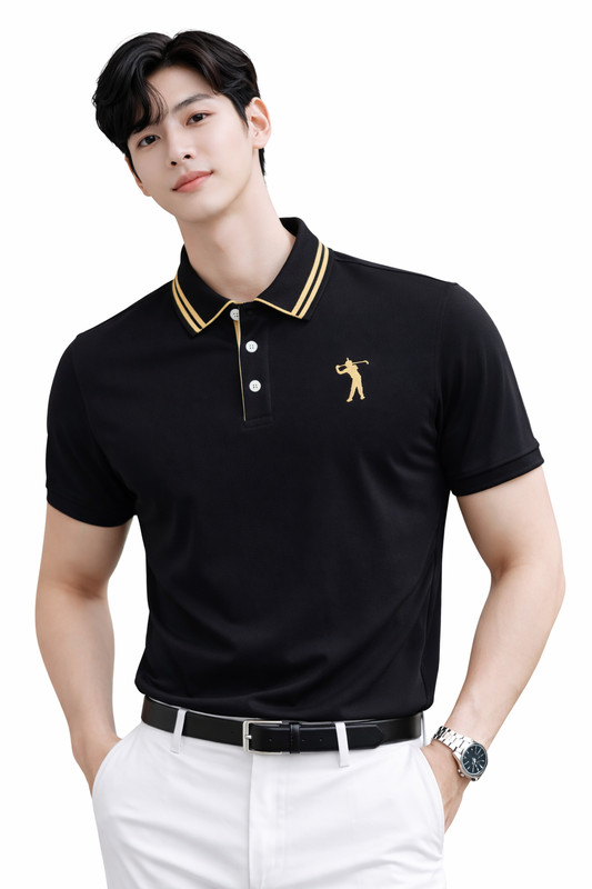 Attitude Start of Fashion Men’s Premium Black Polo T-Shirt with Gold Collar Stripe & Golfer Logo