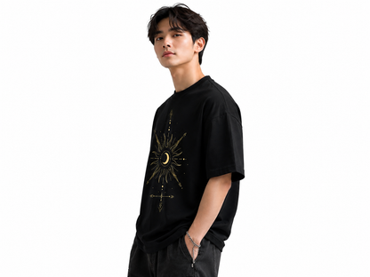 Attitude Men Sun Printed Crew Neck Oversized Fit Cotton T- Shirt
