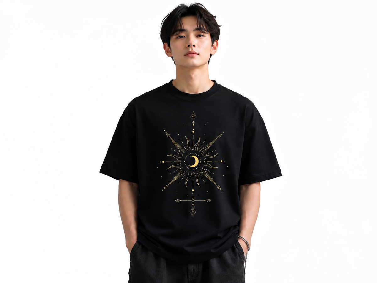 Attitude Men Sun Printed Crew Neck Oversized Fit Cotton T- Shirt