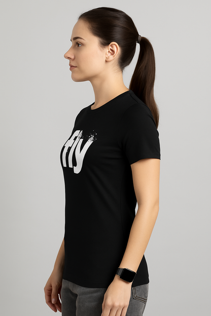 Attitude Start Of Fashion women's black “fly” graphic Print T-shirt