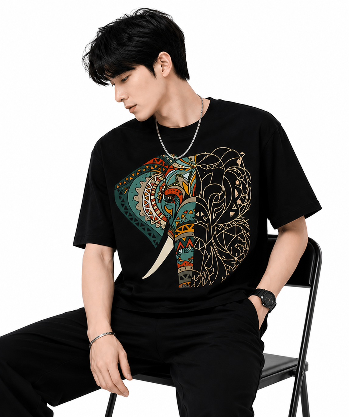 Attitude Men's Graphic Printed Elephant T-Shirt | Water Splash Wildlife Art Design | Premium Cotton Black Casual Round Neck Tee for Men