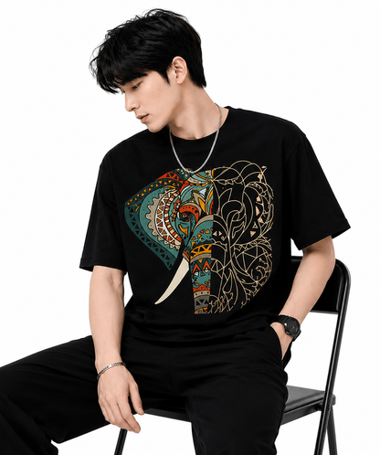Attitude Men's Graphic Printed Elephant T-Shirt | Water Splash Wildlife Art Design | Premium Cotton Black Casual Round Neck Tee for Men