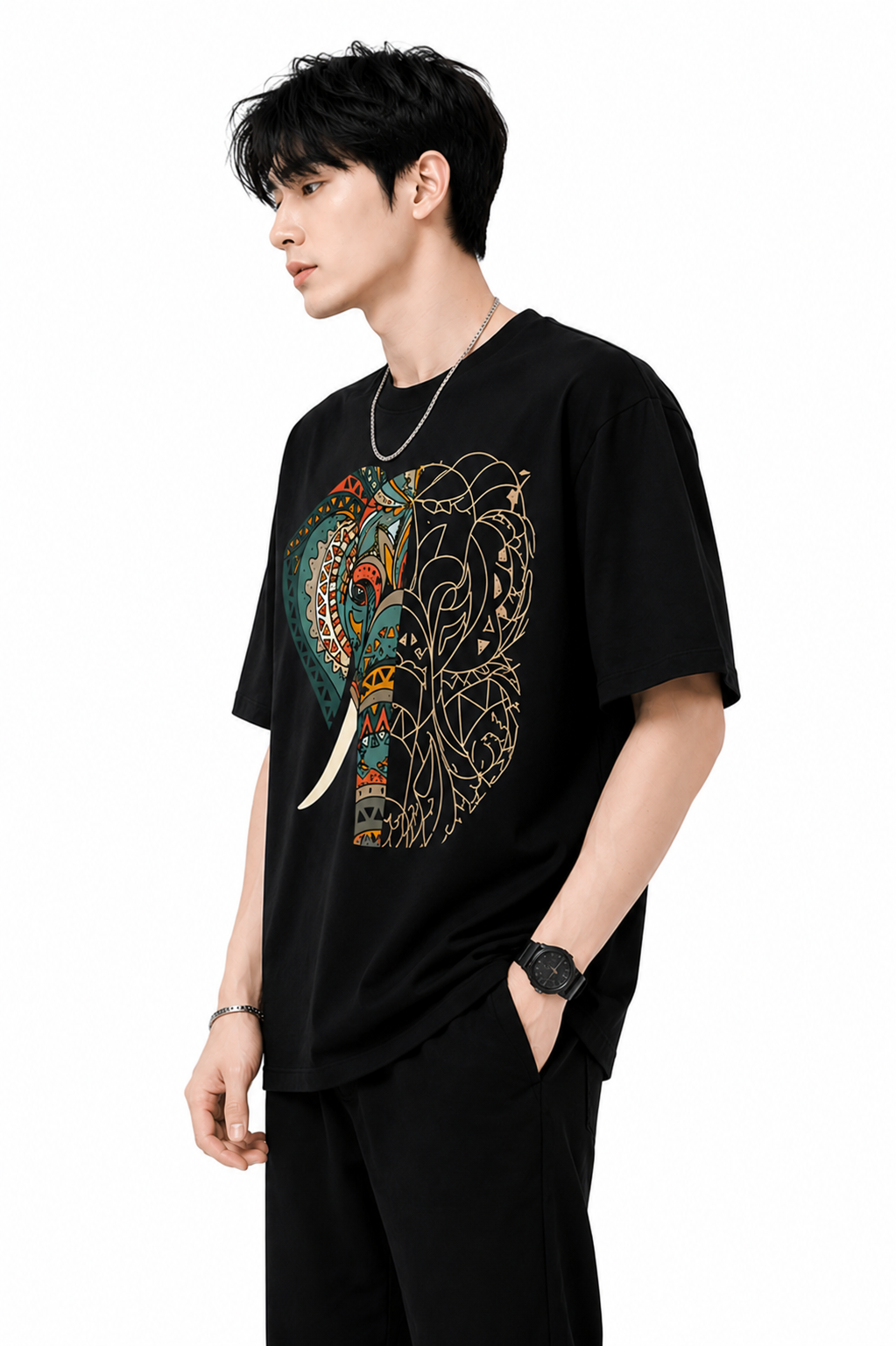 Attitude Men's Graphic Printed Elephant T-Shirt | Water Splash Wildlife Art Design | Premium Cotton Black Casual Round Neck Tee for Men