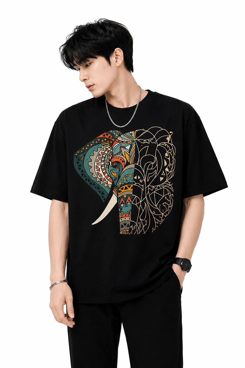 Attitude Men's Graphic Printed Elephant T-Shirt | Water Splash Wildlife Art Design | Premium Cotton Black Casual Round Neck Tee for Men
