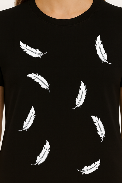 Attitude Start Of Fashion Women’s Black Feather Print T-Shirt | Minimal White Feather Graphic Tee for Casual Wear