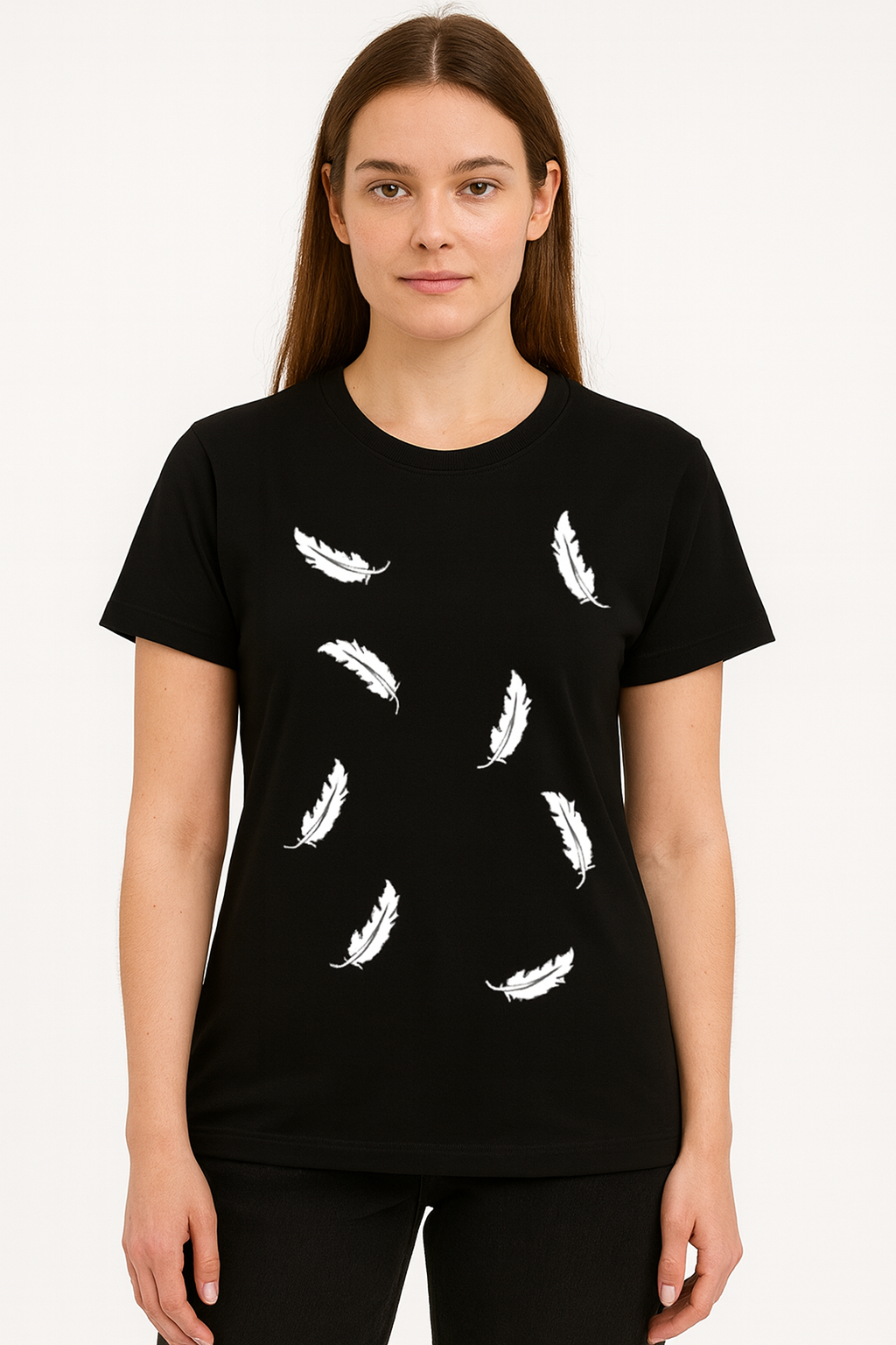 Attitude Start Of Fashion Women’s Black Feather Print T-Shirt | Minimal White Feather Graphic Tee for Casual Wear