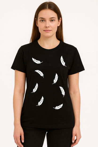Attitude Start Of Fashion Women’s Black Feather Print T-Shirt | Minimal White Feather Graphic Tee for Casual Wear