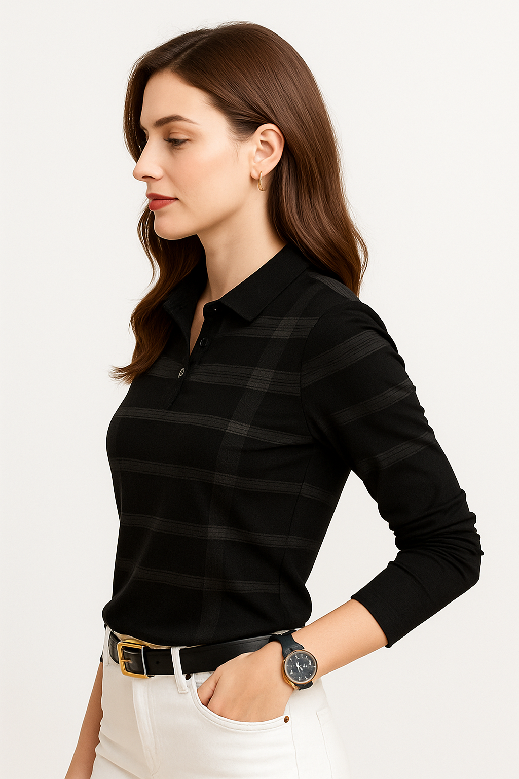 Women’s Black Printed Full-Sleeve Polo T-Shirt,
