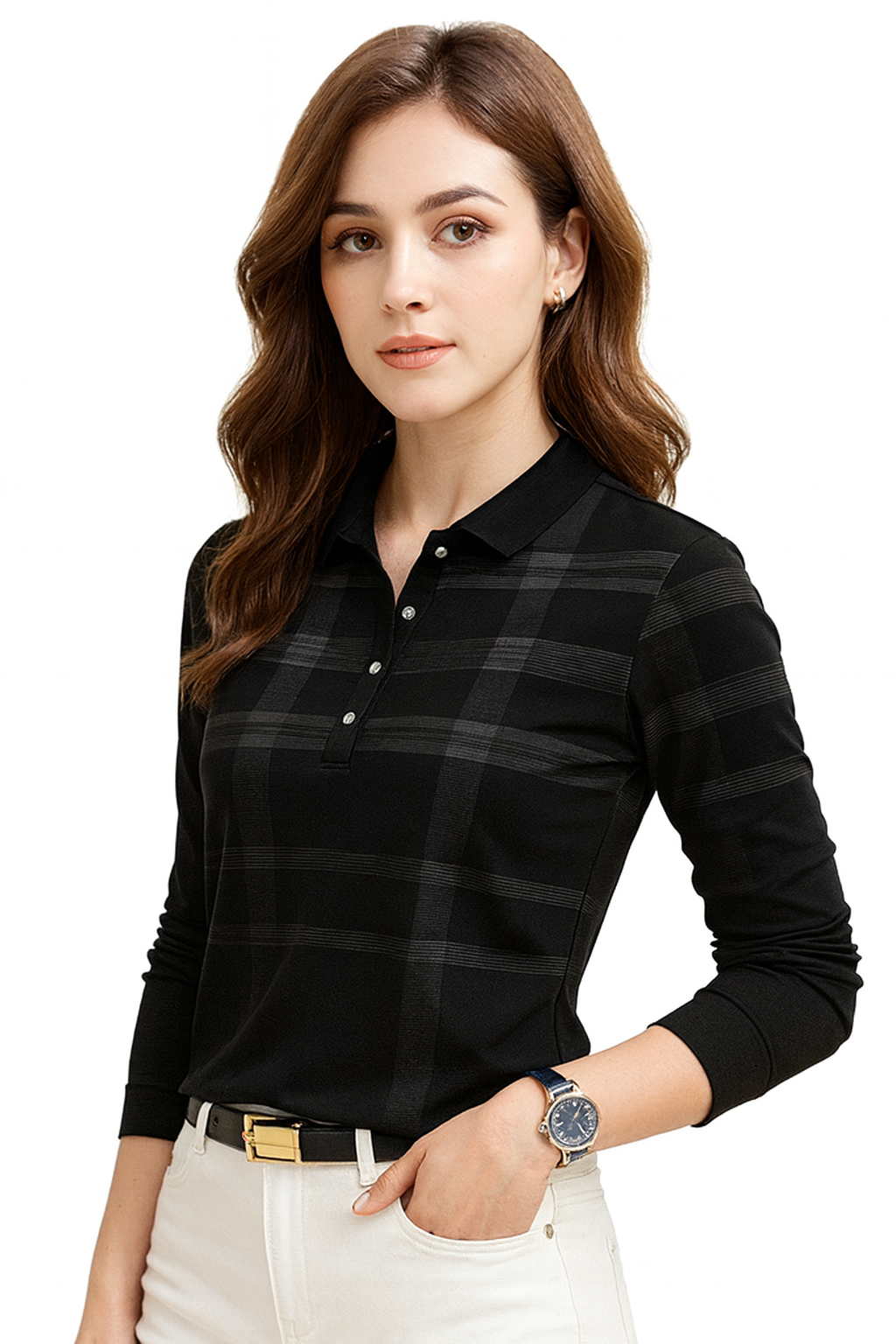 Women’s Black Printed Full-Sleeve Polo T-Shirt,