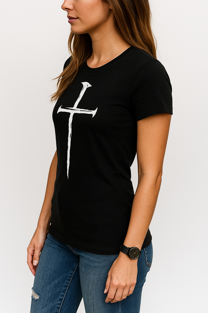 Attitude Start Of Fashion Women’s Black Printed Cross T-Shirt – Soft Cotton Casual Tee