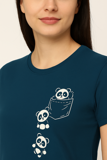 Attitude Start Of Fashion Blue Panda Print Women Tshirt