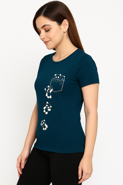 Attitude Start Of Fashion Blue Panda Print Women Tshirt