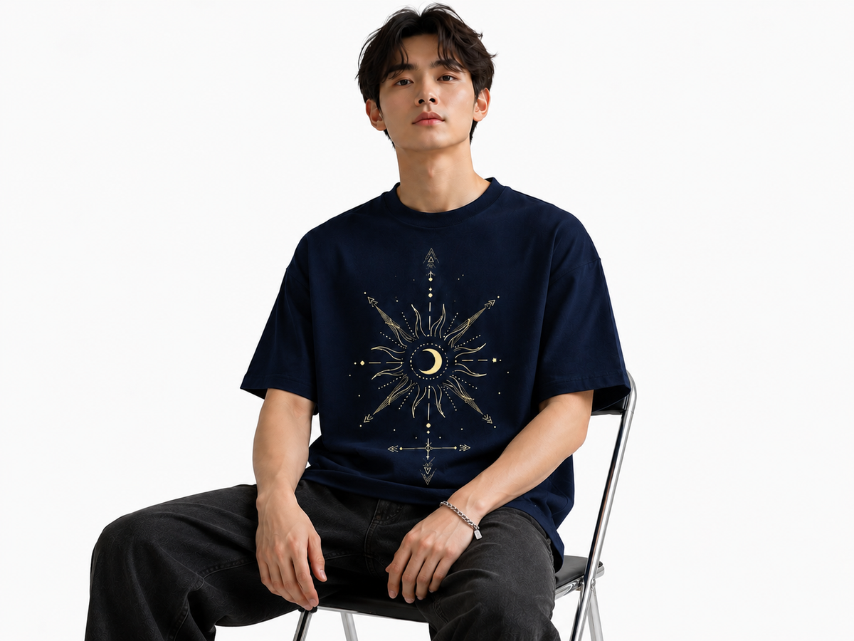 Attitude Men Sun Printed Crew Neck Oversized Fit Cotton T- Shirt
