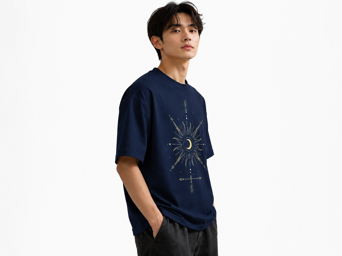 Attitude Men Sun Printed Crew Neck Oversized Fit Cotton T- Shirt