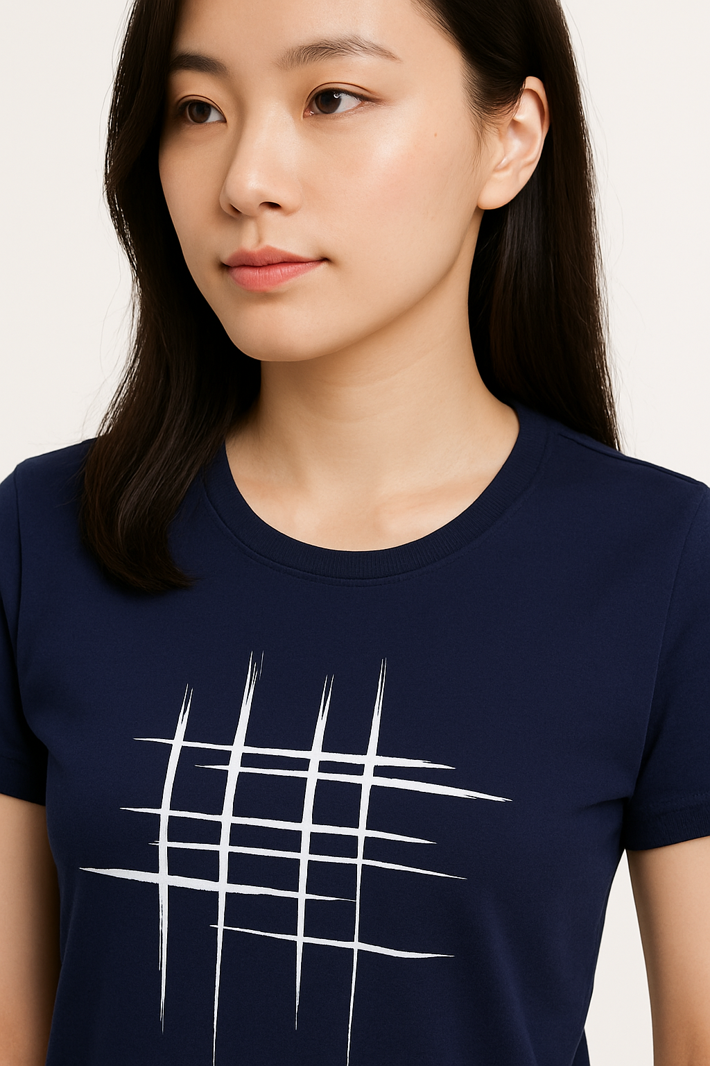 Attitude Start Of Fashion Women’s Navy Blue Minimalist Abstract Line Graphic T-Shirt
