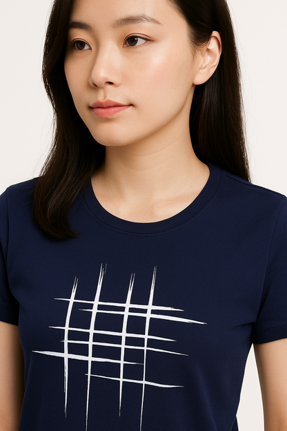 Attitude Start Of Fashion Women’s Navy Blue Minimalist Abstract Line Graphic T-Shirt