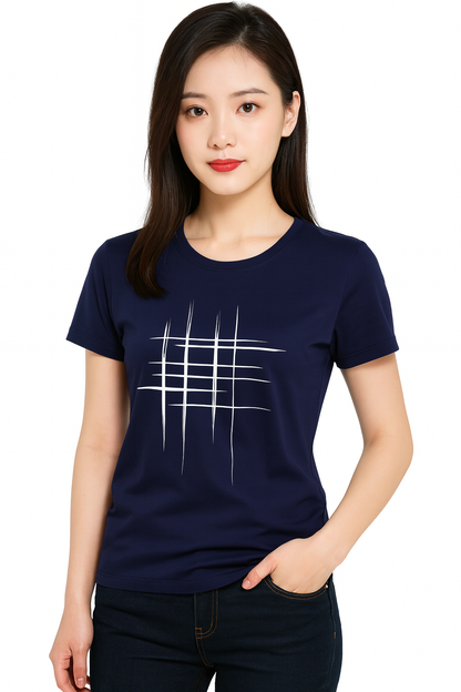 Attitude Start Of Fashion Women’s Navy Blue Minimalist Abstract Line Graphic T-Shirt