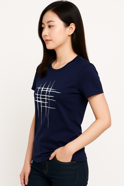 Attitude Start Of Fashion Women’s Navy Blue Minimalist Abstract Line Graphic T-Shirt