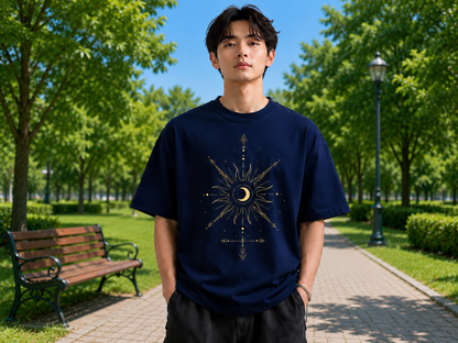 Attitude Men Sun Printed Crew Neck Oversized Fit Cotton T- Shirt