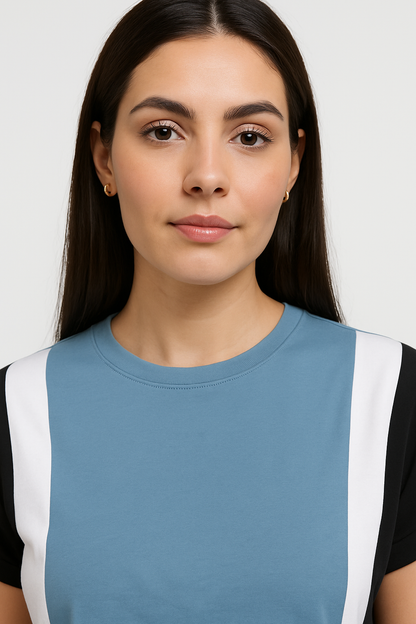 Attitude Start Of Fashion Women’s Blue Color Block T-Shirt – Casual Regular Fit Cotton Tee
