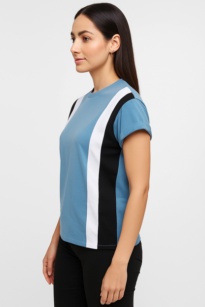 Attitude Start Of Fashion Women’s Blue Color Block T-Shirt – Casual Regular Fit Cotton Tee
