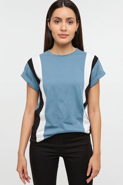Attitude Start Of Fashion Women’s Blue Color Block T-Shirt – Casual Regular Fit Cotton Tee
