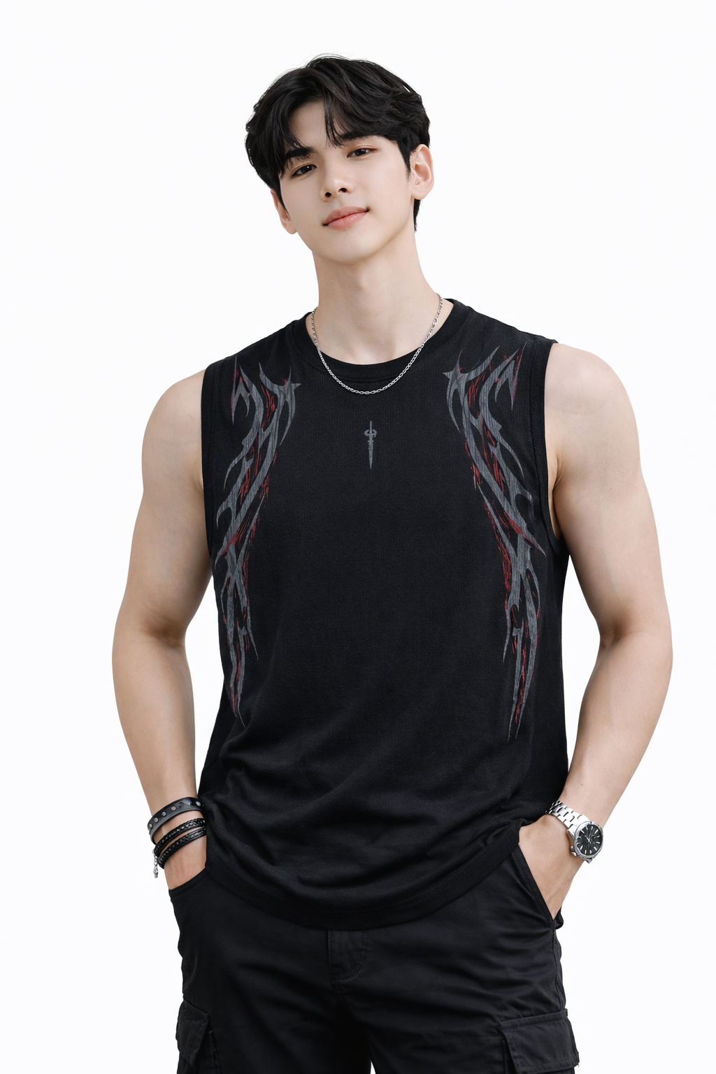 Attitude Start of Fashion Men’s Black Sleeveless T-Shirt with Side Graphic Print