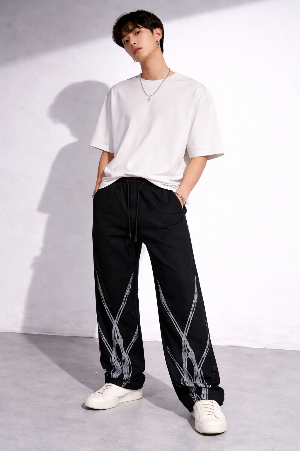 ATTITUDE START OF FASHION Men’s Black Skeleton Print Streetwear Baggy Pants
