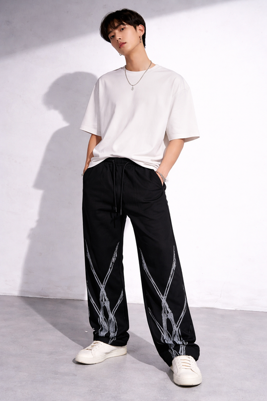 ATTITUDE START OF FASHION Men’s Black Skeleton Print Streetwear Baggy Pants